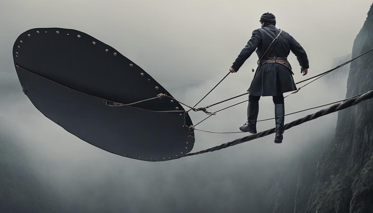 A person walking on a tightrope holding a shield, representing the risks of diversification in investing