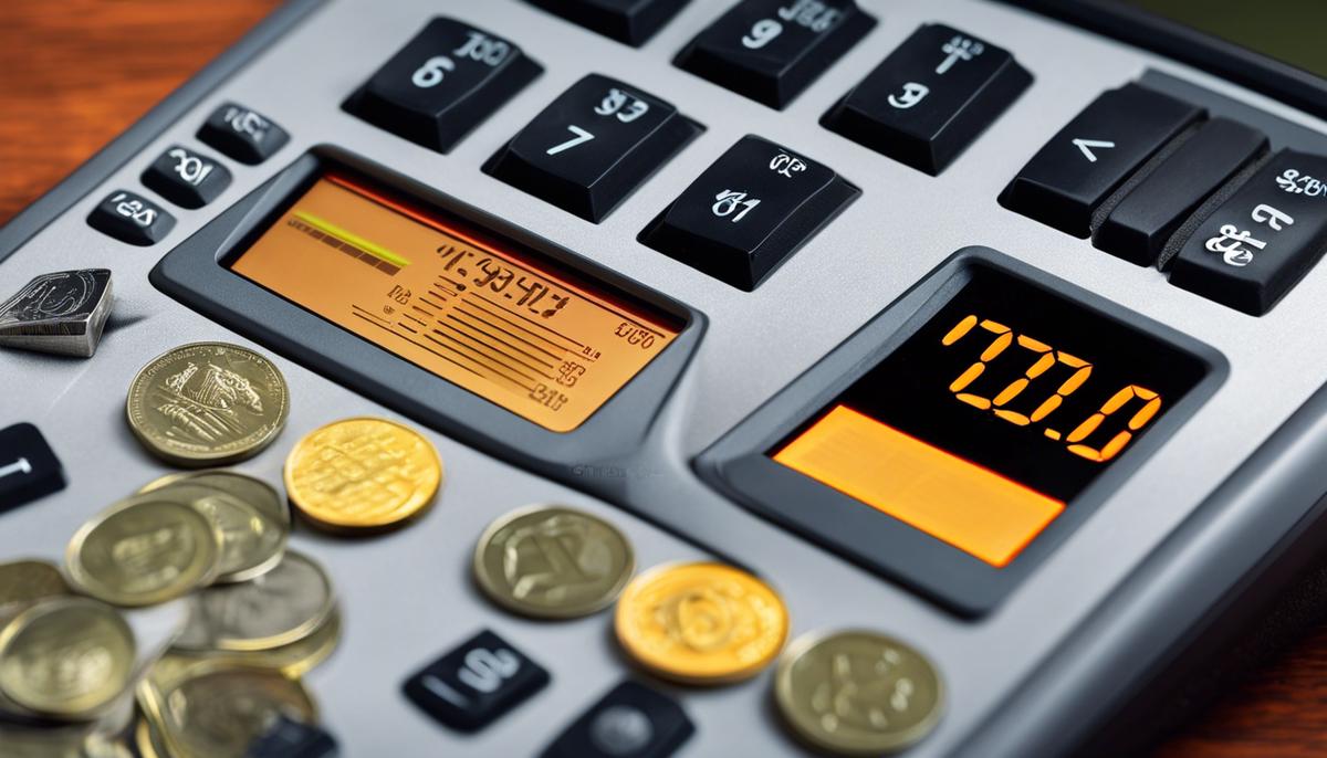 An image showing a calculator with money and coins, representing the financial implications of fees and costs on investment returns.