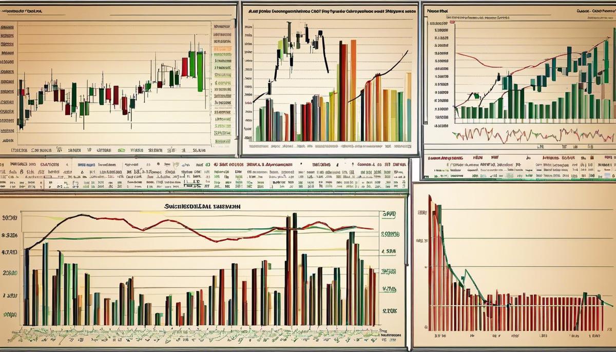 Image showing different types of stock charts, including line charts, bar charts, candlestick charts, and point and figure charts, with arrows pointing to the specific types.