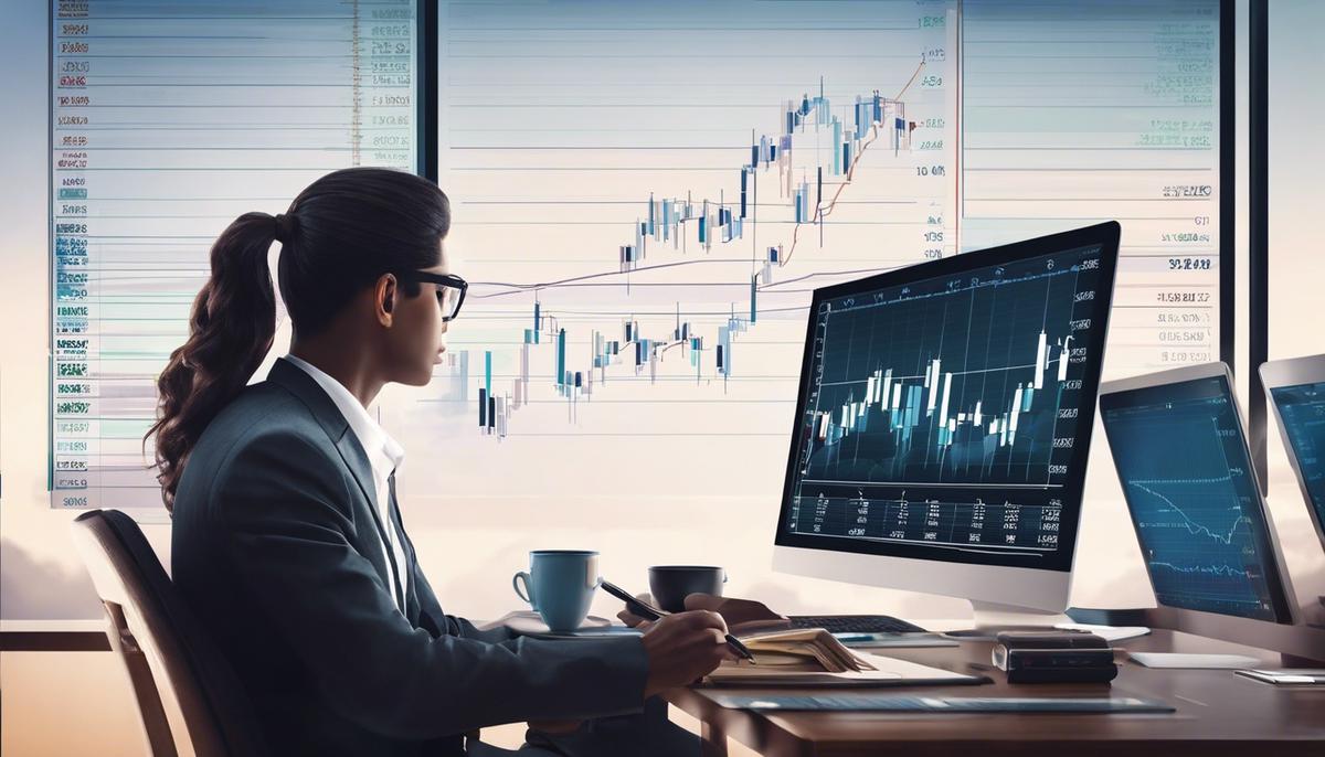 Illustration of a person analyzing stock market charts and graphs, representing the complexity and dynamism of the stock market